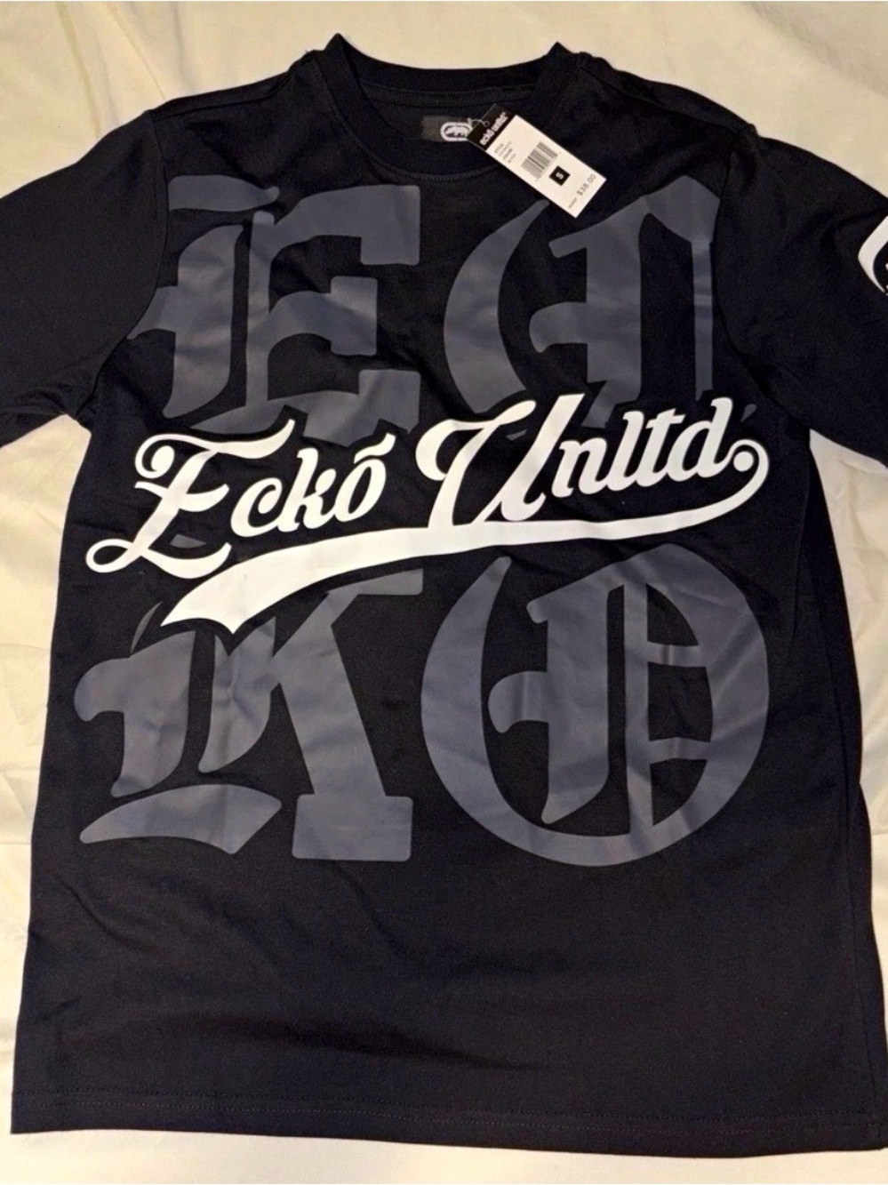 Ecko Unlimited Black Short-Sleeve Graphic Tee with White Script Logo